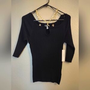 Venus Ribbed Sweater with Gold Chain Rhinestone Embellishments.